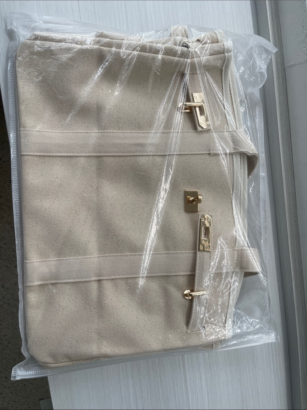 Canvas Tote Bag in Cream with Gold Hardware - Picture 10 of 10